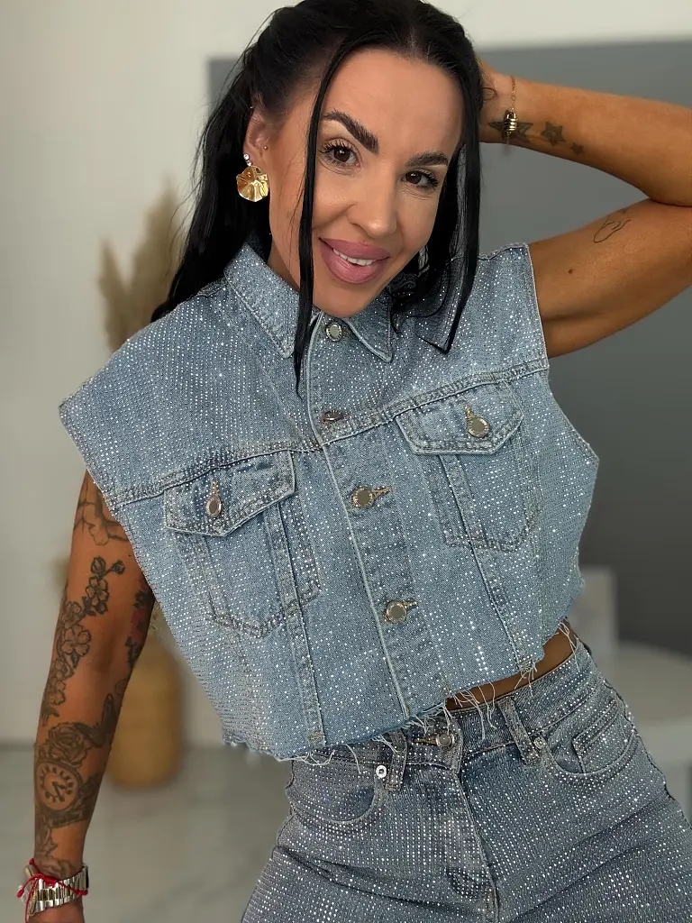 Crop denim mellény strasszkövekkel BLUE BRILLANCE - next