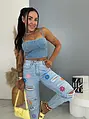 Szaggatott magas derekú mom fit farmer nyomtatott mintával FLORAL