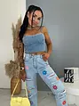 Szaggatott magas derekú mom fit farmer nyomtatott mintával FLORAL