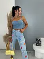 Szaggatott magas derekú mom fit farmer nyomtatott mintával FLORAL