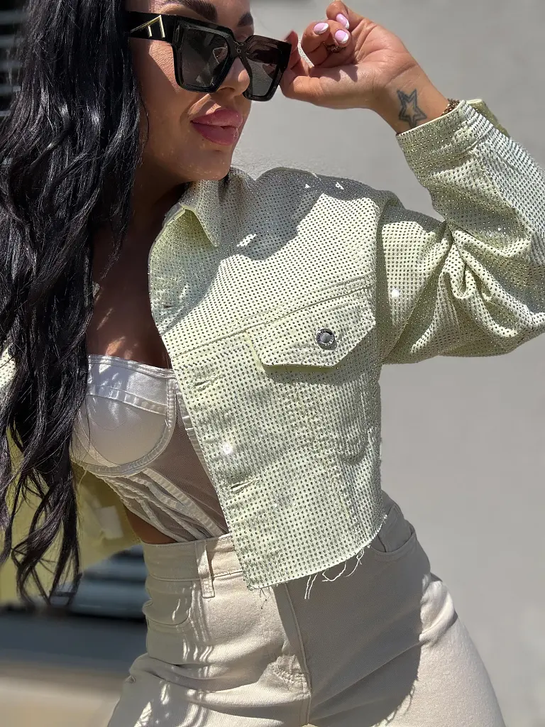 Yellow crop denim kabát strasszkövekkel CRYSTAL
