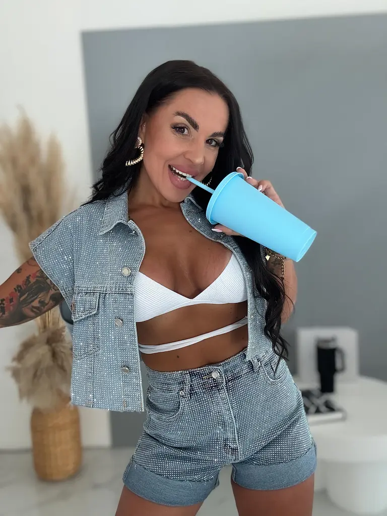 Crop denim mellény strasszkövekkel CRYSTAL