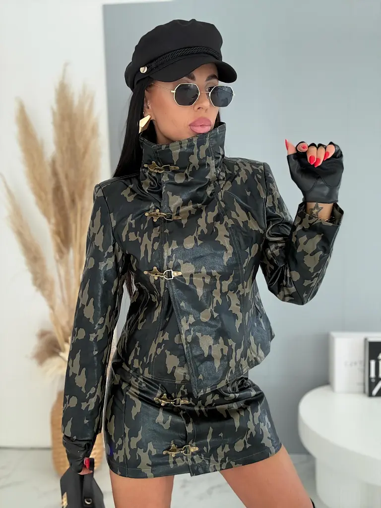 Kétrészes army műbőr szett bunda+skort KIRA