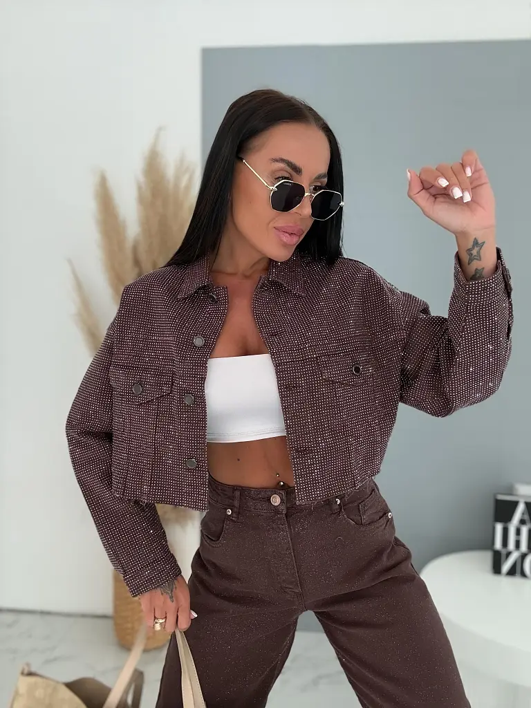 Crop denim kabát strasszkövekkel CRYSTAL