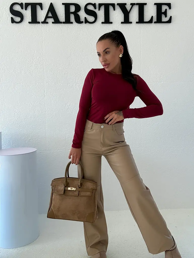 Magas derekú műbőr wide-leg nadrág ALMOND