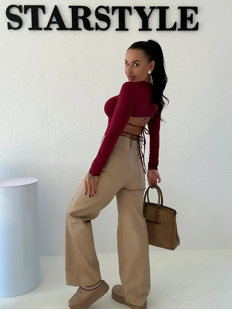 Magas derekú műbőr wide-leg nadrág ALMOND - next