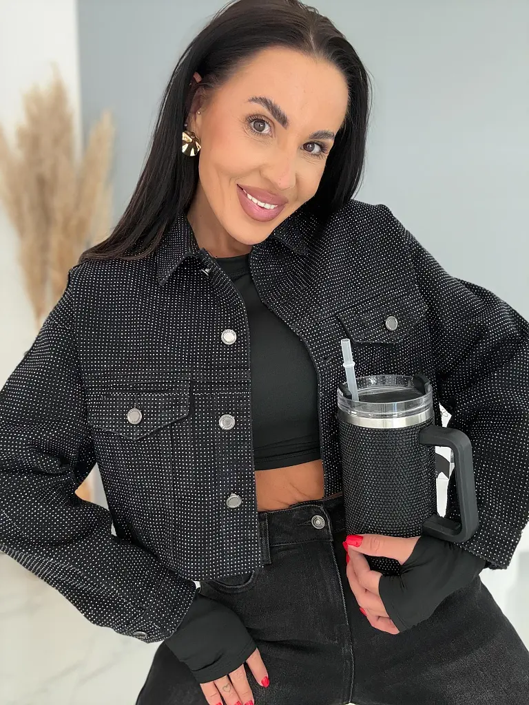 Black crop denim kabát strasszkövekkel CRYSTAL