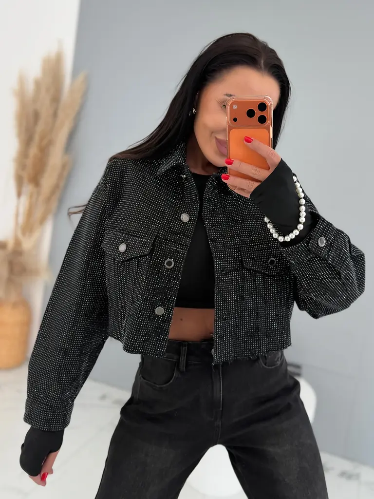 Black crop denim kabát strasszkövekkel CRYSTAL - next