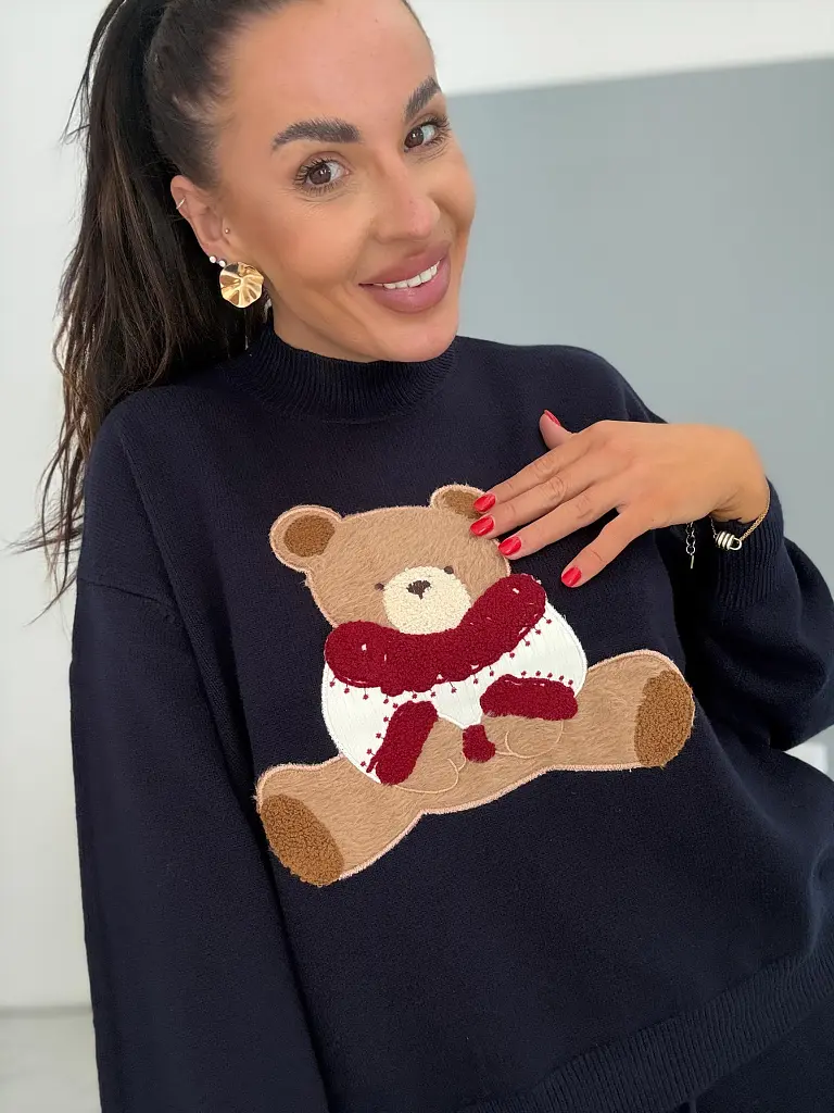 Sötétkék kétrészes kötött szett macimintával TEDDY - next